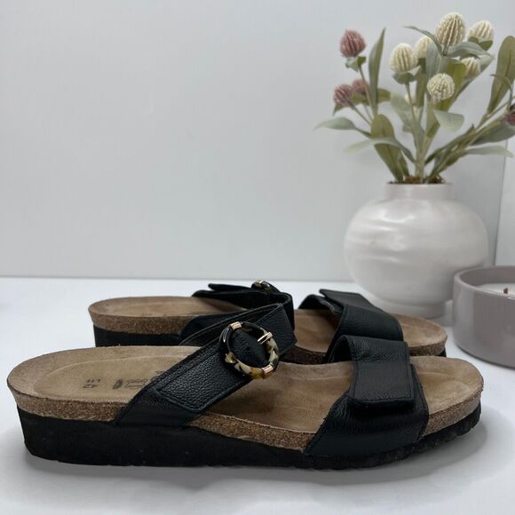 NAOT Anabel Nubuck Leather Cork Wedge Sandal Tortoise Buckle Black Women's US 11 - Picture 3 of 9